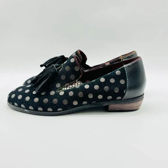 L'Artiste Shoes Womens 38 US 7.5 8 Black Gold Polka Dot Loafers Tassel Heels - Picture 5 of 13